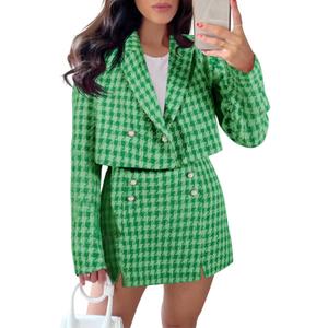 Cicy Bell Womens Cropped Tweed Blazer Sets 2 Piece Outfits and Mini Skirt Sets Business Casual Suits (Small, Green)