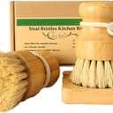 Bamboo Vegetable Brush Set, Natural Bristle Dish Brush with Holder, Eco Friendly Soft Dish Scrubber Kitchen Brush for Dishes (2 Short Handle)