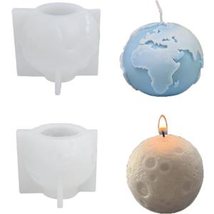 Earth&Moon Candle Molds for Candle Making, 3D Globe Shaped Epoxy Resin Mold Exterior of Earth Model Aromatherapy Mold, DIY Silicone Scented Candle Molds Soap Molds Desktop Ornaments
