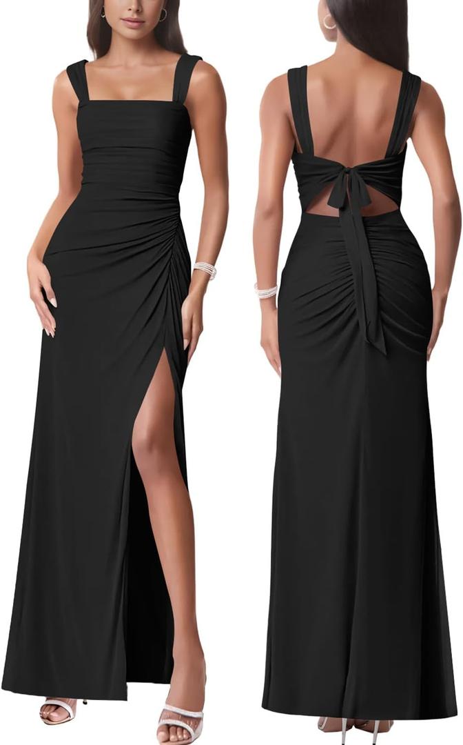Women Sexy Mesh Tie Low Back Sleeveless Split Ruched Maxi Dress Party Cocktail Long Dress Wedding Guest Dresses (Black, L)