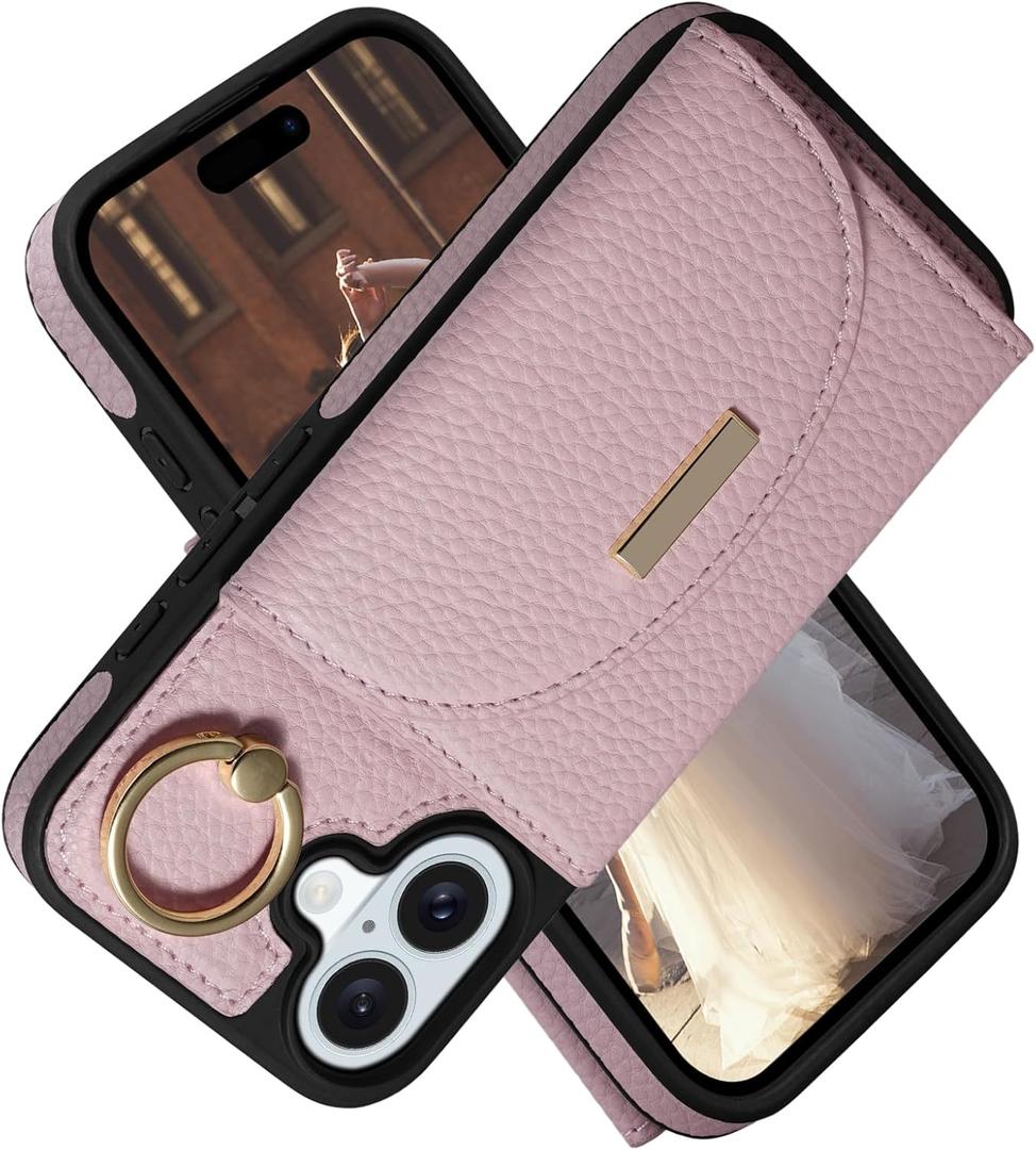 Keallce Wallet Case for iPhone 16 6.1'', Flip Case with Card Slots, Ring Holder Kickstand, PU Leather Protective Folio Cover for Women, Pink