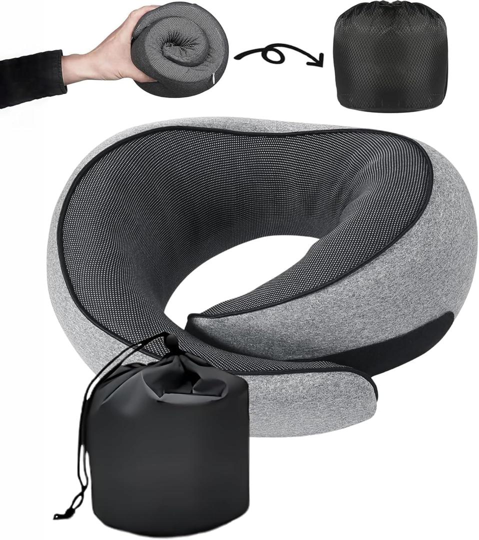 SZXYX Travel Pillows for Airplanes, 100% Pure Memory Foam Neck Pillow for Airplanes, Comfortable Breathable Cover, 360 Support Stowable Pillows for Sleeping, Car, Airport Travel Essentials (Grey)