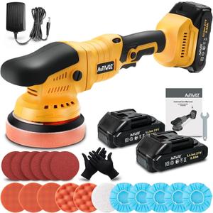 Cordless Car Buffer Polisher, 2x2000mAh 21V Batteries 5 Inch Random Orbital Polisher for Car Detailing, Waxing, Polishing, Scratch Removing, 6 Variable Speed Car Buffer Polishing Kit