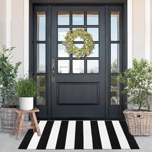 Black and White Striped Rug (23.6 x 51.2 Inches), Striped Layering Mats, Handmade Woven Indoor Outdoor Doormats Striped Rug for Kitchen/Laundry/Bathroom/Living Room