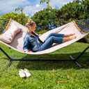 SUNCREAT 55 Inch Large Double Hammock with Stand, 450lbs Capacity, Outdoor Portable Hammock with Curved Spreader Bar, Extra Large Pillow, Tan