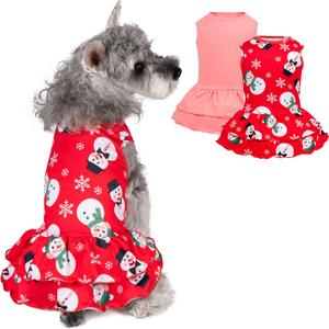 cyeollo 2 Pack Dog Christmas Dress Puppy Dress Soft Breathable Dog Clothes for Small Dogs Girl Snowman Holiday Outfit Pet Apparel XL