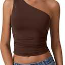 QINSEN Women's One Shoulder Tank Tops Double Lined Sleeveless Slim Fit Cropped Tee Shirt Y2k Tops (Coffee Bean), Medium