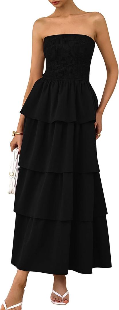 PRETTYGARDEN Women's Maxi Dress 2025 Summer Off Shoulder Smocked Tiered Ruffle Long Flowy Dresses Casual Beach Sundress (Black,Medium) 
