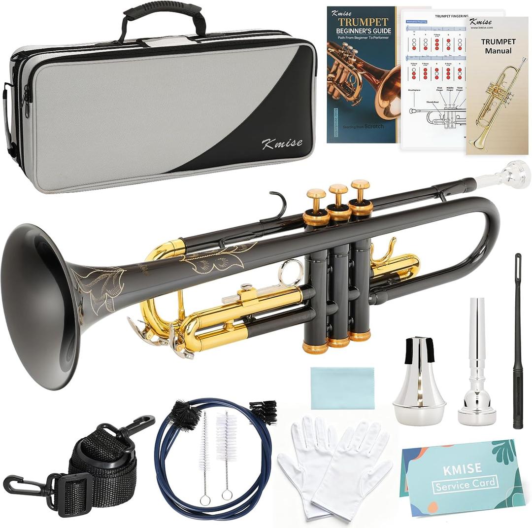 Kmise Bb Standard Trumpet, Premium Brass Trumpets for Student Beginner, Trumpet Instrument Set with Upgraded Case, 7C Mouthpiece, Mute, Beginner's Guide Kit, Cleaning Kit (Black & Gold)