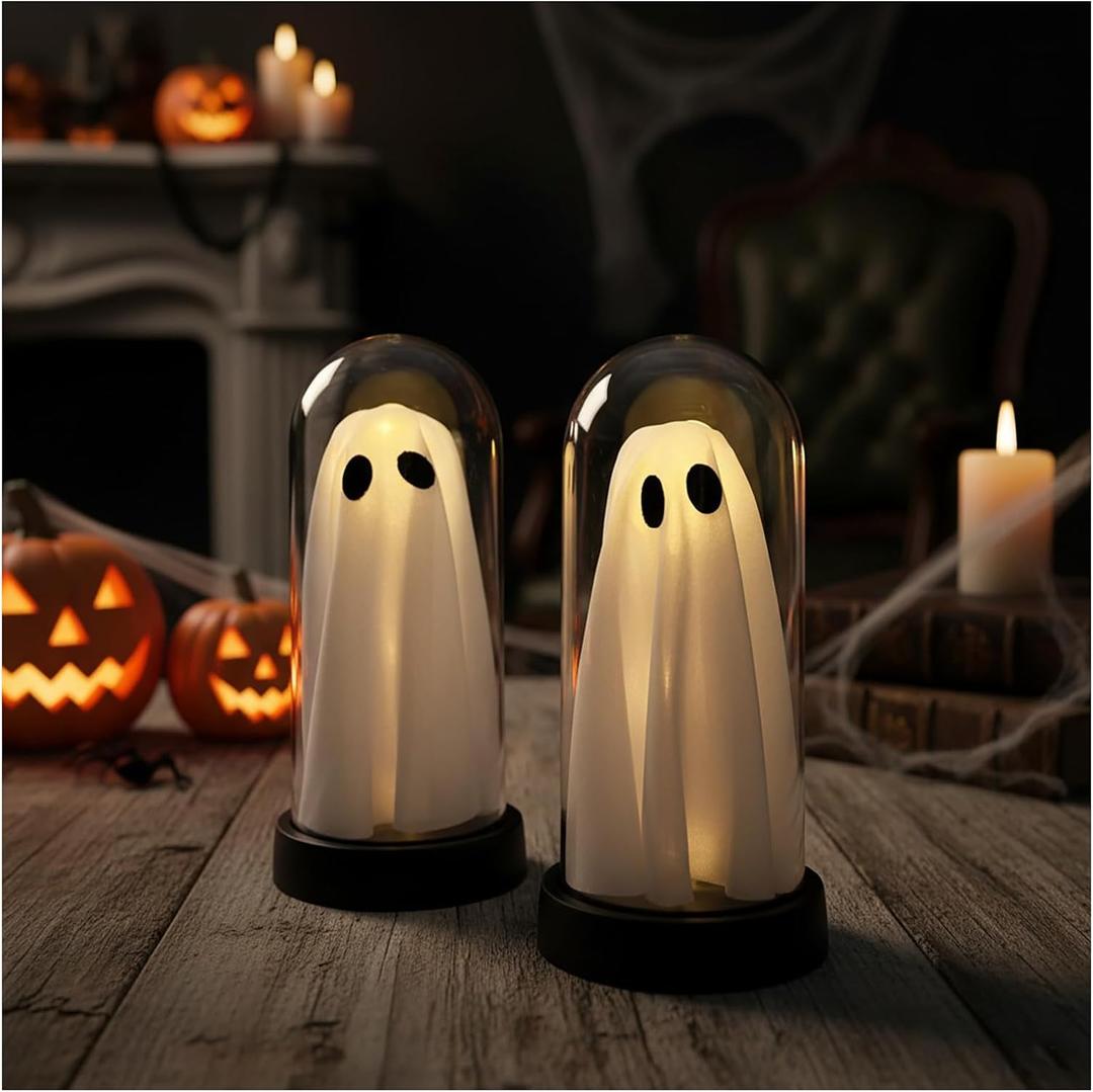 Halloween Decorations Indoor - 2 Pack Light Up Ghost Decor, Glowing Cute Ghost for Home, Tabletop, Mantel, Kitchen Party - Halloween Decor & Holiday Lights (Warm White)