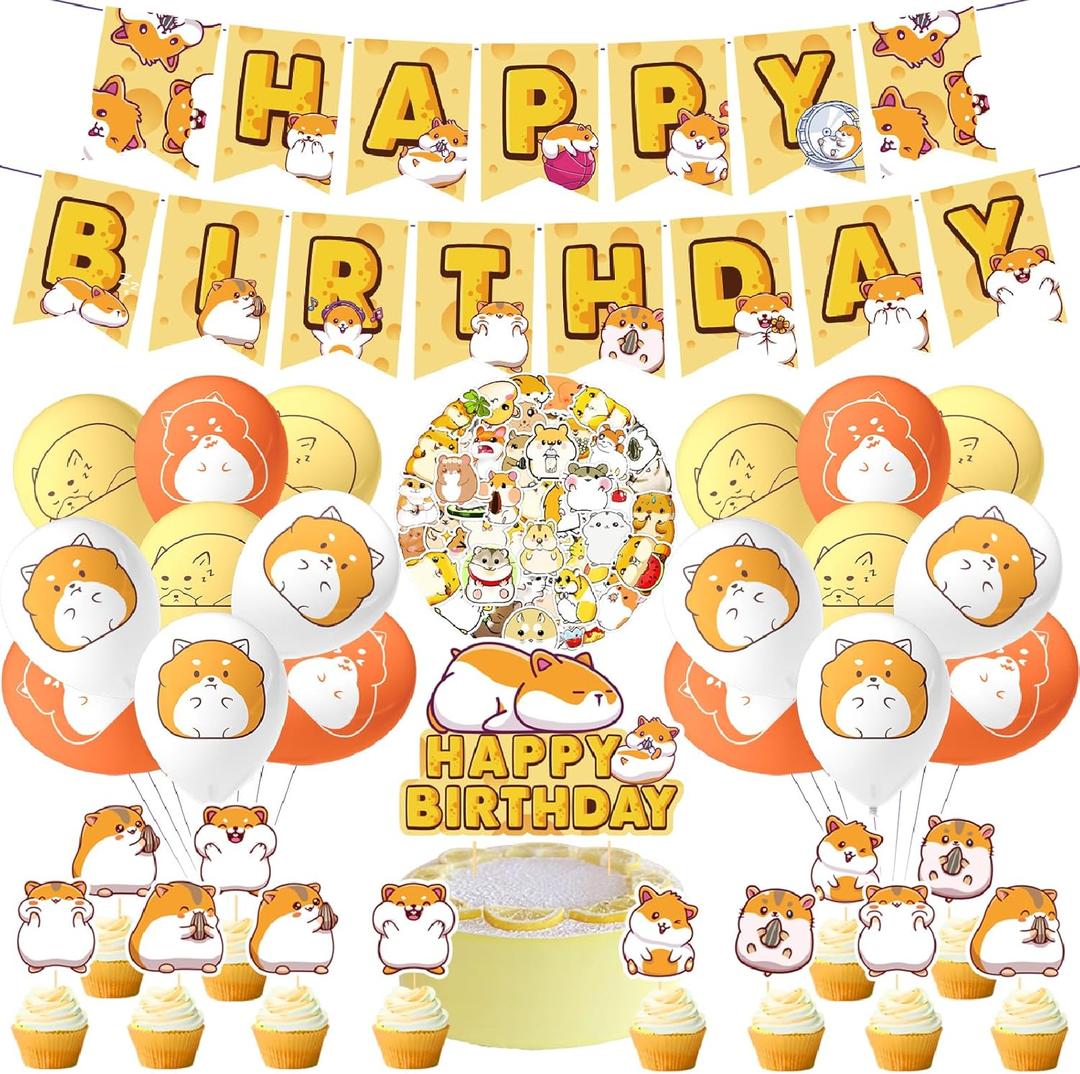 82 Pieces Hamster Birthday Party Supplies Includes Hamster Banner, Balloons, Cake Topper, Cupcake Toppers, Stickers, Cute Hamster Animal Theme Party for Kids Teens Birthday Party Decorations