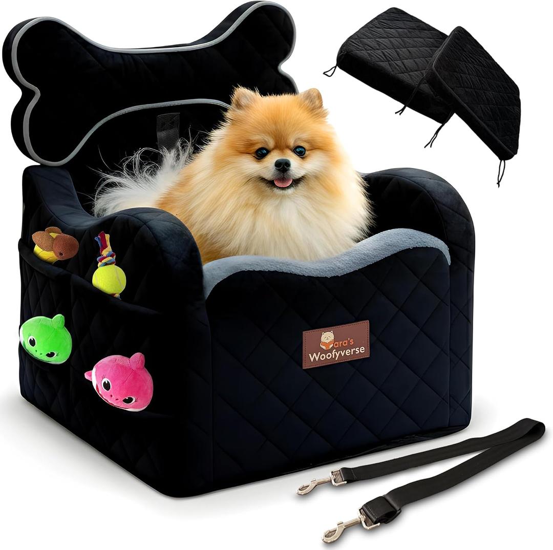 Yaras Woofyverse Dog Seat for Car Booster Seat for Small & Medium Dogs with Adjustable Cushions, Fur-Lined Headrest & 6-Pocket Storage Portable Pet Car Seat for Front/Back Travel Midnight Ash