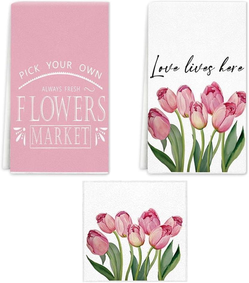 Tulip Spring Kitchen Towels Dish Towels, Pink Flowers Hand Towels 16x24 Inch Farmhouse Decoration Hand Towels Set of 3