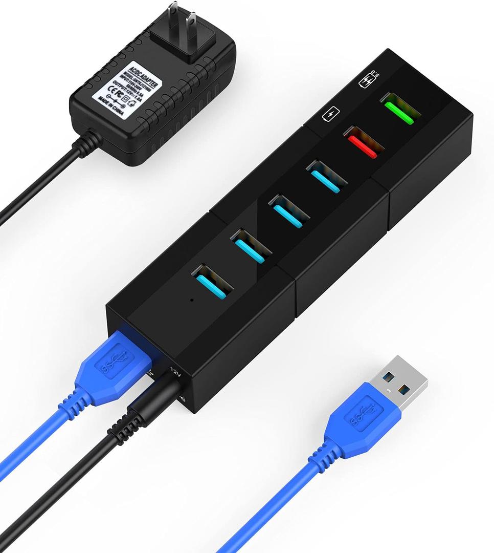 Powered USB 3.0 Hub, K&ZZ 6-Port USB Hub Splitter with 4 Faster Data Transfer Ports + 2 Smart Charging Ports, Multiport USB Hub 3.0 Powered for Mac, PC, Laptop, Black