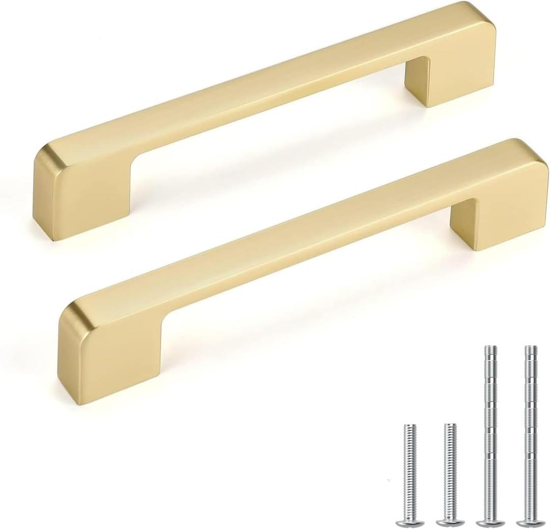 5 Pack 5 Inch Brushed Gold Cabinet Pulls Solid Zinc Alloy Gold Cabinet Handles - Brushed Brass Dresser Drawer Pulls for Kitchen Cabinet Hardware Zinc Alloy Handles (5 Inch (128 mm) Hole Centers)