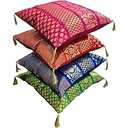 Set Of 4 Boho Throw Pillow Covers (16x16 Inches)  Colorful Brocade Silk Ethnic Decorative Cushions For Sofa, Couch, And Bed  Bohemian, Indian & Moroccan Inspired Home DCor For Living Room