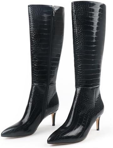 JOY IN LOVE Women's Knee High Tall Boots 2.75" Stiletto Heel Pointed Toe Zipper Boots Size 6