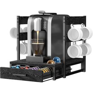 Evermagin Coffee Pod Holder Compatible with Nespresso, Vertuo Pod Holder for 56 Small or 28 Large, Nespresso Capsule Organizer Drawer Coffee Maker Station with Cup Rack, Black