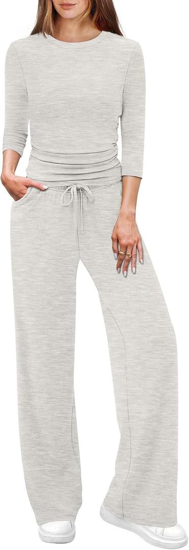 WIHOLL 2 Piece Lounge Sets for Women Summer Vacation Outfits 3/4 Sleeve Tops with Side Ruched Wide Leg Pants Matching Sets (Gray, L)