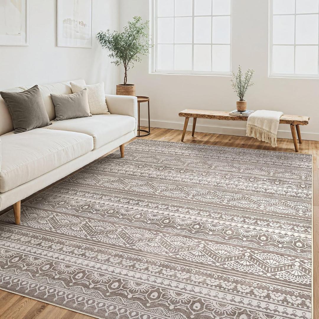 Tortania Area Rug Living Room Rugs - 5x7 Washable Large Soft Neutral Boho Moroccan Bohemian Farmhouse Rug Indoor Floor Carpet for Bedroom Under Dining Table Home Office Decor - Dark Brown