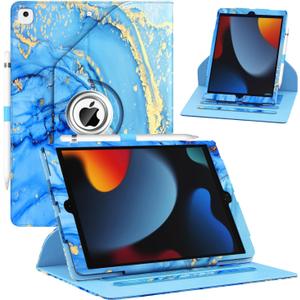 Case for iPad 9th/ 8th/ 7th Generation, iPad 10.2 inch Case 2021/2020/ 2019, 360 Degree Rotating Stand, iPad 9 8 7 Gen 10.2'' Leather Cover with Pocket Design & Pencil Holder, Marble Blue
