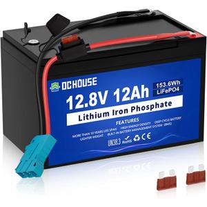 DC HOUSE Replacement 12V 12Ah Lithium Battery for Peg Perego Ride On Toys, with Wire Harness Connector & DC Port, 5000+ Cycles Rechargeable LiFePO4 Battery with 15A BMS for Kids Tractor, Fish Finder