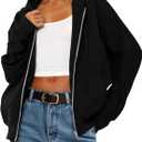 MASCOMODA Women Zip Up Hoodie Trendy Oversized Sweatshirt Casual Long Sleeve Fleece Jacket Fall Outfits Fashion Clothing (Black)