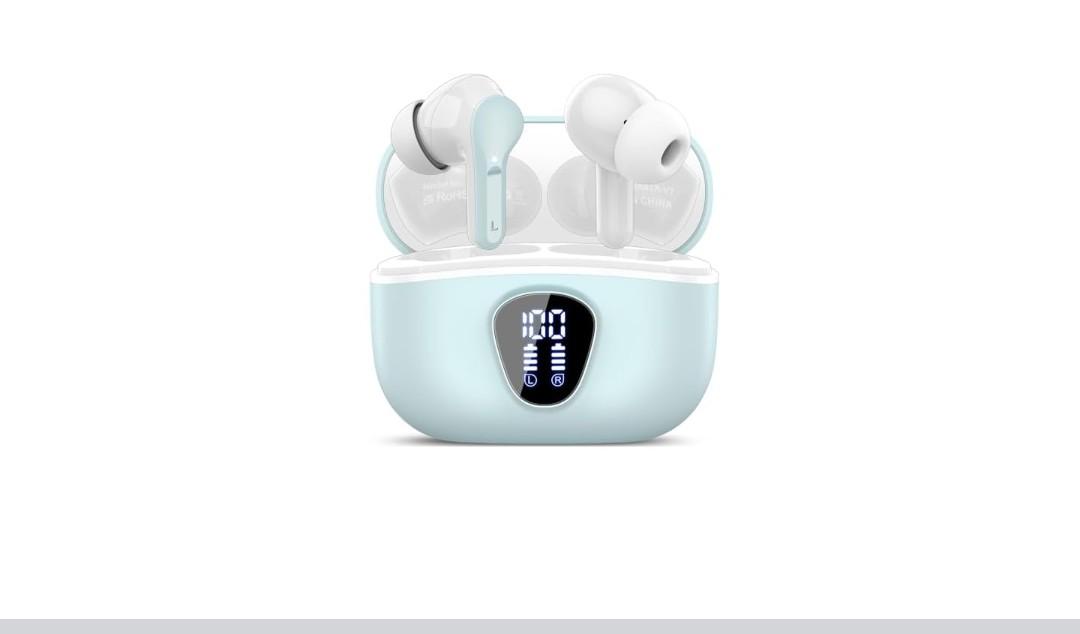Wireless Earbuds, Bluetooth 5.4 Headphones HiFi Stereo, Bluetooth Earbuds with ENC Noise Cancelling Mic, IP7 Waterproof in Ear Earphones, 48H, LED Display Ear Buds for Pad Workout Sports Azure