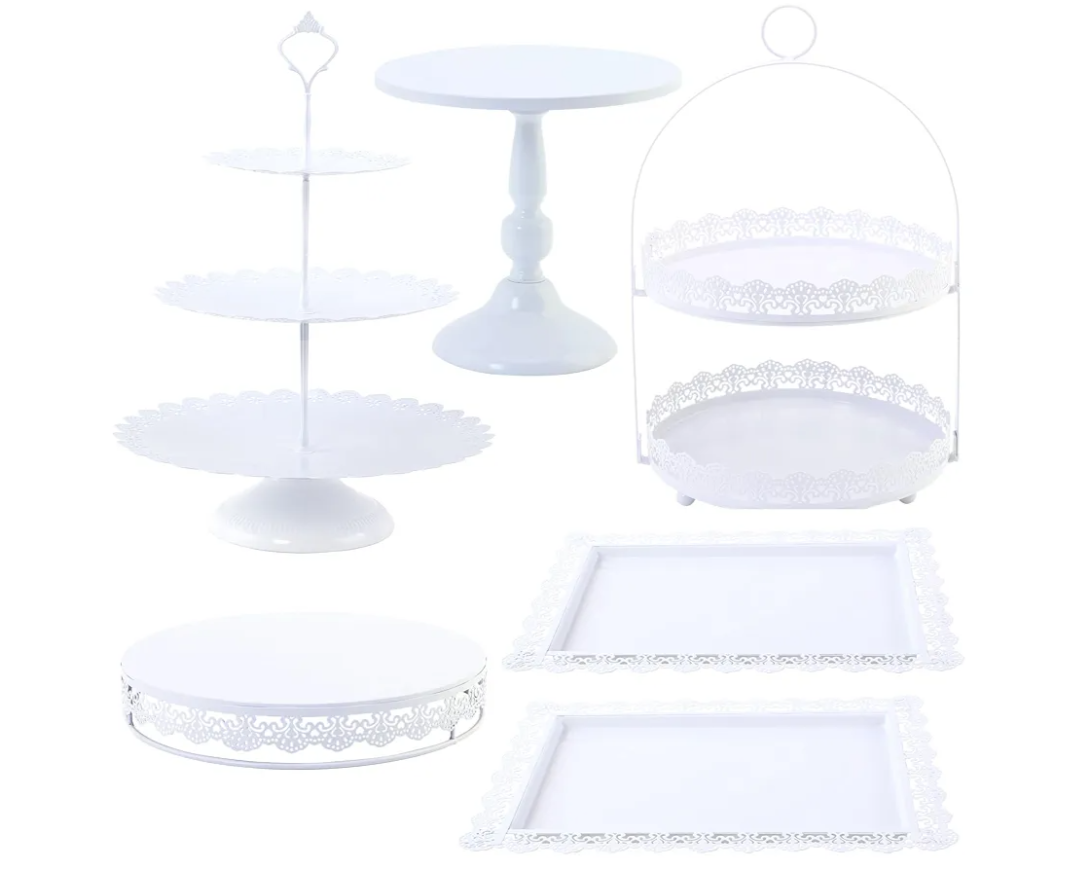 6 Pcs White Cake Stands Set, QENUIITEA Cake Display Pedestal Tiered Cupcake Holder Dessert Plate Serving Tower Tray Decorative for Wedding Birthday Party Baby Shower Celebration
