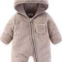 Newborn Baby Bear Outfit With Fold-Over Mittens and Footies Girls Boys Winter Fleece Clothes Hooded Romper Snowsuit (0-3 Months, Beige Grey)