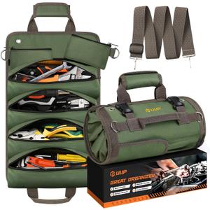 Tool Bag Roll Up, UUP Heavy Duty Portable Soft Tool Storage Organization, Foldable Empty Rollup Organizer with 2 Small Pouches, Rollable Carrying Toolbag, Dad Men Mechanic Welding Birthday Gift, Green
