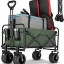 Collapsible Foldable Beach Wagon,Folding Wagon Cart with Big Wheels,Utility Grocery All Terrain Wagons carts Foldable with Brakes for Sand Camping Sports Outdoor(Light Green).