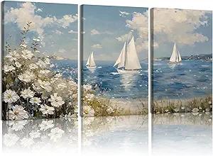 Kdyudo3 pcs Framed Coastal Wildflowers Canvas Wall Art Ocean Sailboat Canvas Print Beach Flowers Seascape Blue Sky and White Flowers Posters Living Room, Bedroom, Country Farmhouse Artwork 12x16 inch