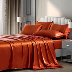 P Pothuiny Satin Sheets Queen (6 Pieces) - Luxury Silky Bed Sheets Set, Including 1 Fitted Sheet, 1 Flat Sheet + 4 Pillowcases in Burnt Orange