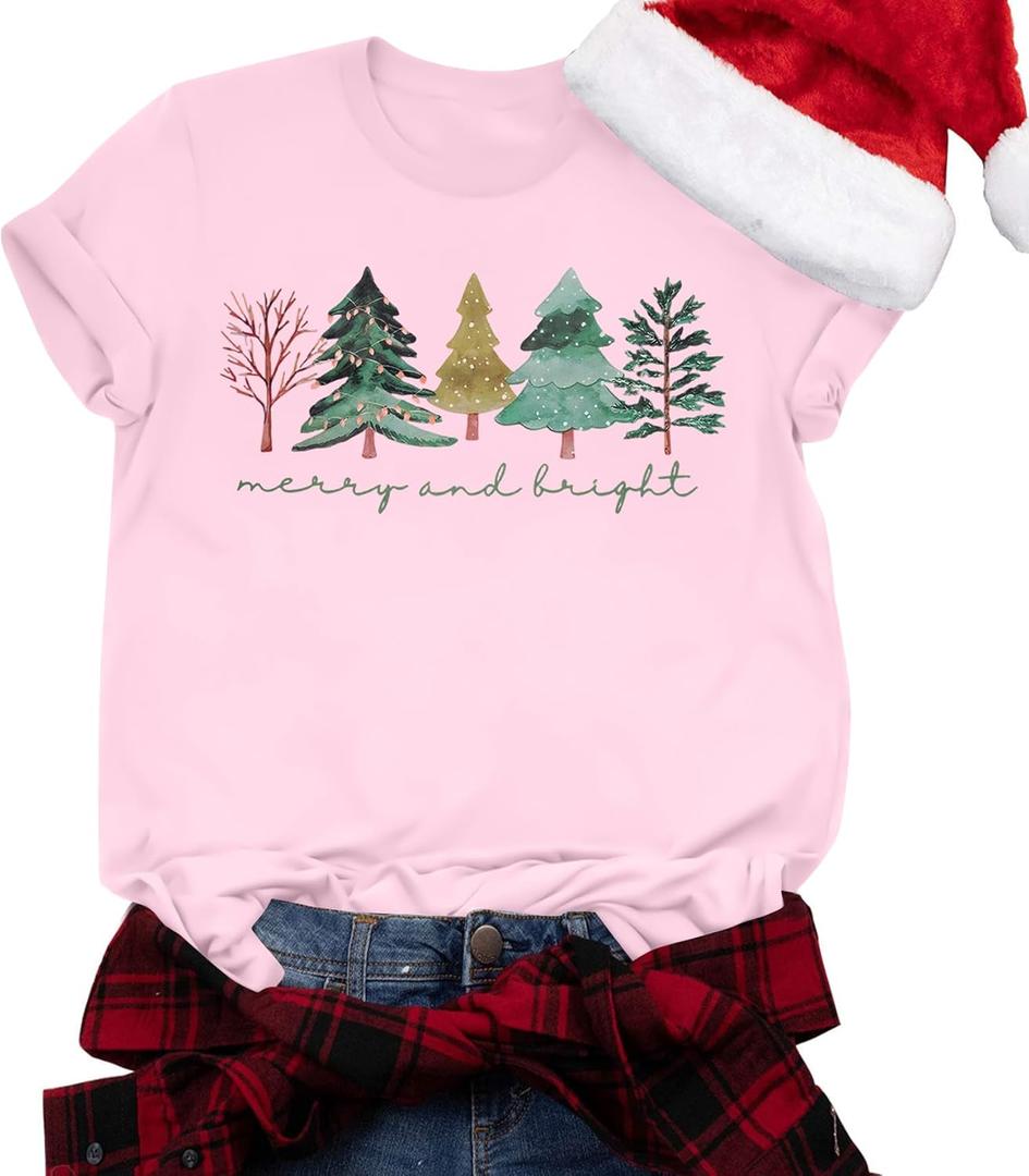 Christmas Shirts Women Magic Kingdom Christmas Shirt Merry Christmas Tshirt Holiday Graphic Short Sleeve Tops (Pink, XL)