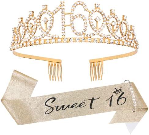 16th Birthday Tiara and Sash Kit- "Sweet 16"Birthday Decorations 16th Birthday Party Gifts Birthday Party Supplies for Girls (gold)