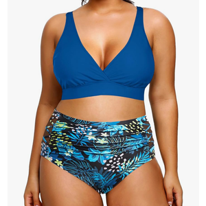 Yonique Womens Plus Size Bikini High Waisted Swimsuits Two Piece Bathing Suits Tummy Control Swimwear, 18Plus, Blue Floral 