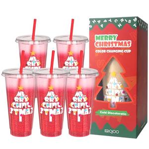 OZMOJOO Christmas Color Changing Cups with Lids and Straws, Reusable Tumblers for Cold Drinks, 5 Pack Holiday Gift Party Cups for Kids, Teens & Adults, 24 oz, Red