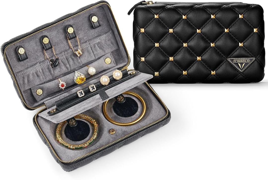 Vee Travel Jewelry Box Organizer,Diamond Quilted Leather Travel Jewelry Case,Jewelry Organiser for Bracelets/Rings/Necklaces,Gift for Women and Girls (Black)
