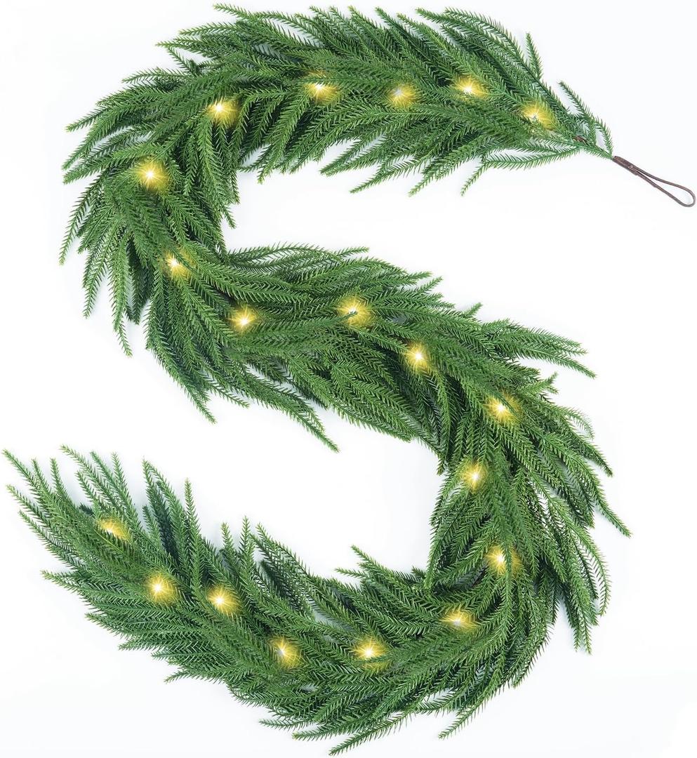 9FT Christmas Garland with DIY Lights, Norfolk Pine Garland, Christmas Garland for Stairs Railing, Real Touch Indoor/Outdoor Decor for Table, Mantel, Wall, Premium Christmas Decor