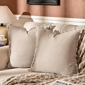 AmHoo Pack of 2 Linen Pillow Covers with Tassels Fringed Decorative Rustic Natural Throw Pillowcase Cushion for Couch Sofa Bedroom 24 x 24-Inch Beige