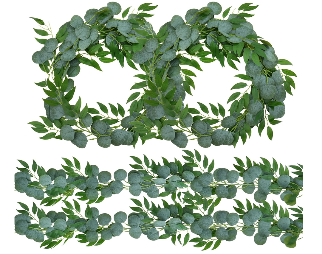 Trimgrace 4 Pack Artificial Eucalyptus Garland with Willow Leaves Each 6.5 Feet Fake Greenery Garland Vine for Table Runner Centerpiece Stairs DIY Garlands Decor