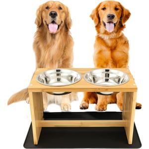 Yangbaga Elevated Dog Bowls, Raised Dog Feeding Station with 2 Bowls, Easy to Clean (Large, Bamboo)