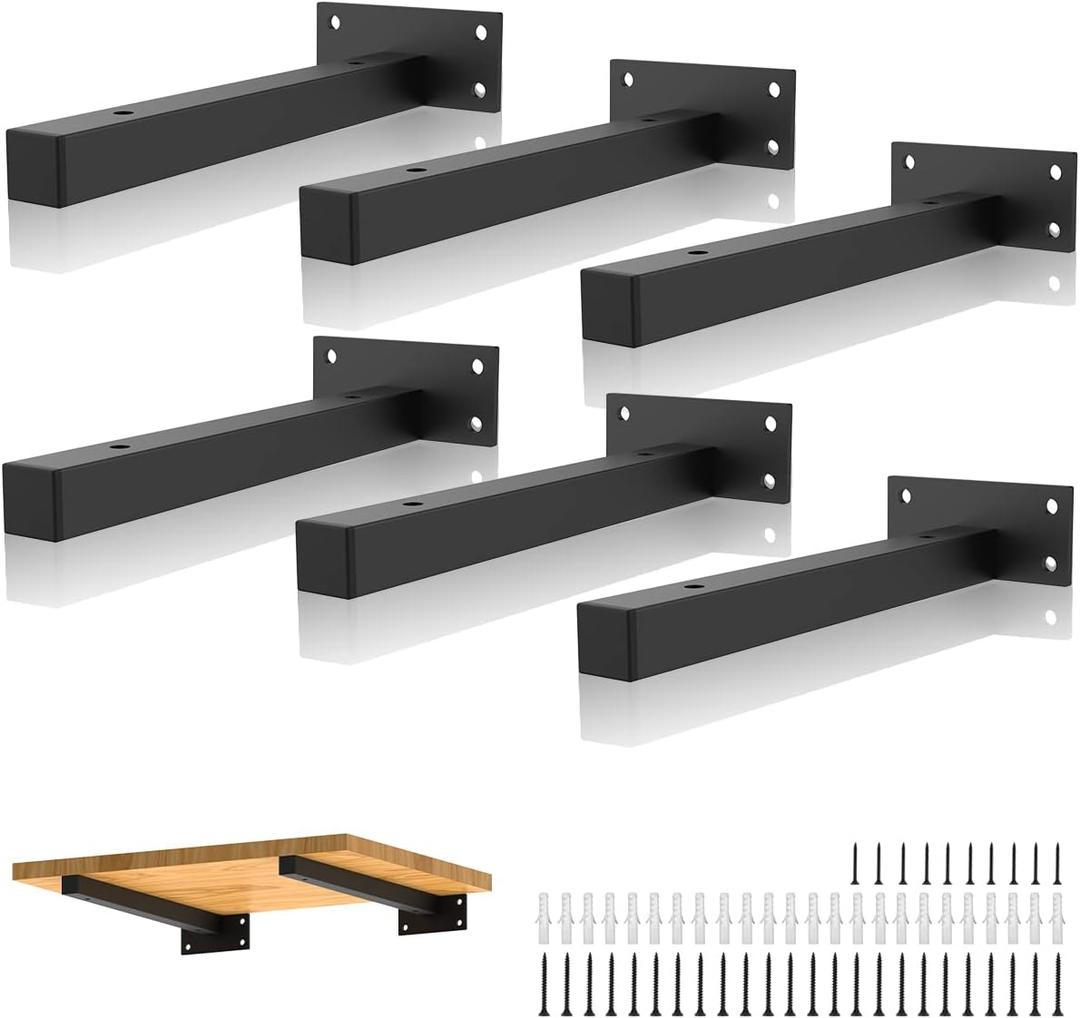 Heavy Duty Floating Shelf Brackets 12 Inch, Black Iron Pipe Shelf Bracket Wall Mounted Metal Shelving Supports Industrial with Screws & Anchors, Hardware for DIY Home Dcor/ Storage/ Farmhouse (6 Pack)