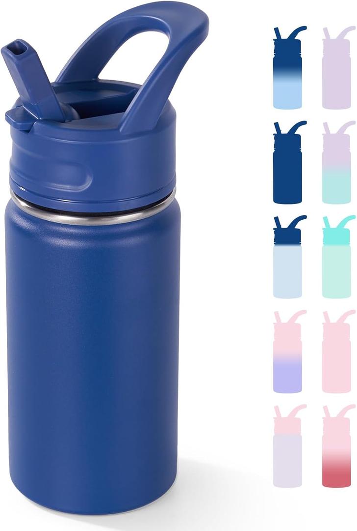 Fijinhom 12oz Kids Water Bottle for School, Toddler Water Bottles with Straws, Insulated Water Bottles for Boys&Girls, Stainless Steel Vacuum Insulated Bottle for Kids, Leak-Proof, BPA-Free, Blue