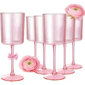 Ciaell 12 PCS Pink Plastic Ribbed Wine Glasses - 10 OZ Plastic Square Wine Glasses with Stem - Disposable Champagne Cups for Parties & Weddings & Mother's Day