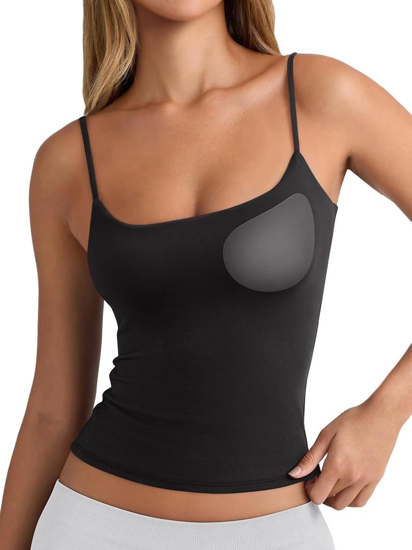 PINKMSTYLE Tank Tops for Women Built in Bra Backless Basic Double Lined Summer Spaghetti Strap Sleeveless Cami Workout Shirts, Black, Medium