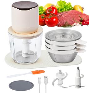 4-in-1 Small Food Processor Cordless Set with 600ml Glass Bowl, 3*240ml Stainless Steel Bowls and 3+4 Blades, USB-C Rechargeable Battery Mini Meat Vegetable Chopper, Electric Kitchen Blender Wireless