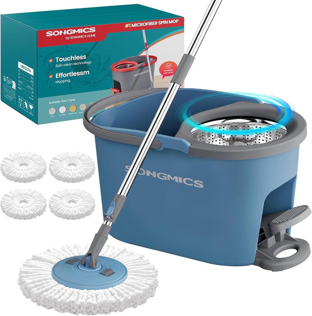 SONGMICS Spin Mop and Bucket Set with Pedal Wringer, Floor Cleaning Mop, Adjustable Telescopic Handle, Max. 59.1-Inch Length, 360 Rotating Head, 4 Microfiber Pads, Blue and Gray ULMB002QT04
