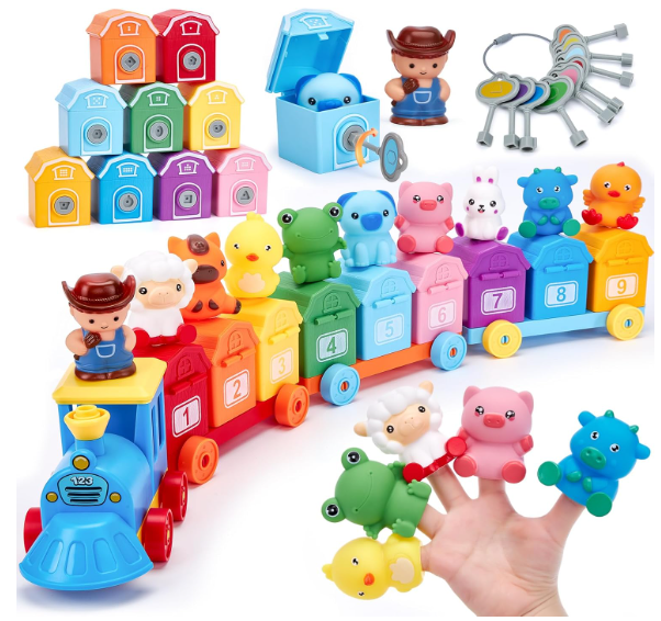 Toddler Learning Toys for 2 3 Year OldCounting Matching & Sorting Activity Montessori Train Set with Farm Animals Finger Puppets Keys to Lock and Unlock Barn Birthday Easter Basket Stuffers